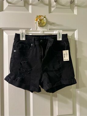 Aeropostale Black Distressed Rolled-Hem Women's Denim Shorts